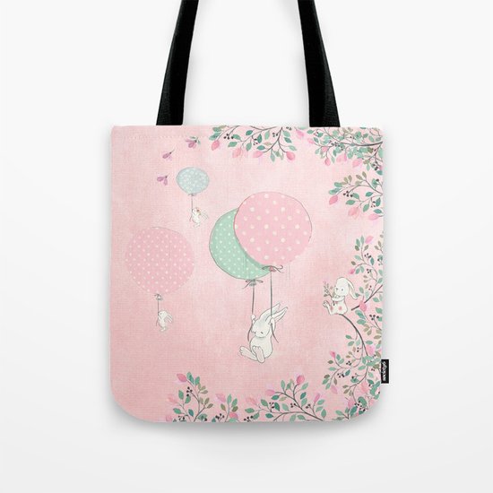 Cute flying Bunny with Balloon and Flower Rabbit Animal on pink floral backround Tote Bag