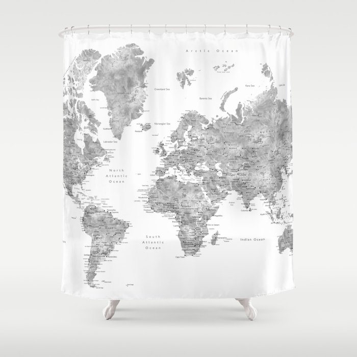 Grayscale watercolor world map with cities Shower Curtain