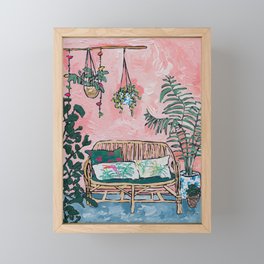 Rattan Bench in Painterly Pink Jungle Room Framed Mini Art Print