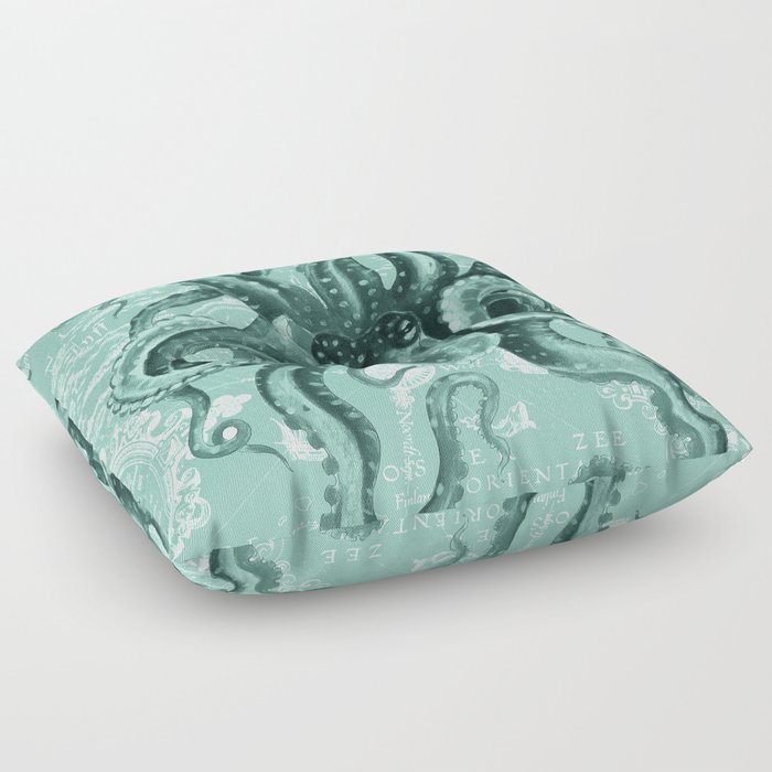 Octopus Green Monochrome Vintage Map Watercolor Nautical Floor Pillow