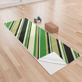 [ Thumbnail: Dark Khaki, Forest Green, Light Yellow, and Black Colored Pattern of Stripes Yoga Towel ]