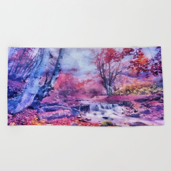 Waterfall in colorful autumn forest Beach Towel