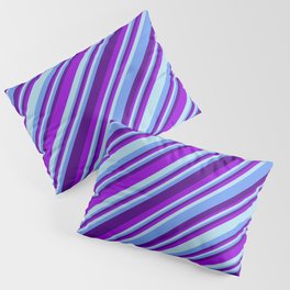 [ Thumbnail: Indigo, Dark Violet, Light Blue & Cornflower Blue Colored Lined Pattern Pillow Sham ]