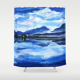 Oil Painting of the twilight on mountain lake Shower Curtain