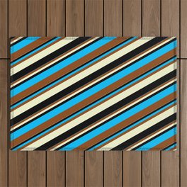 [ Thumbnail: Deep Sky Blue, Brown, Light Yellow & Black Colored Lines Pattern Outdoor Rug ]