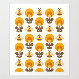 70s Bees and Flowers White Art Print