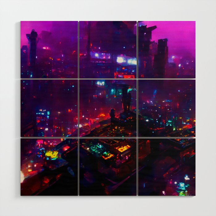 Postcards from the Future - Cyberpunk Cityscape Wood Wall Art