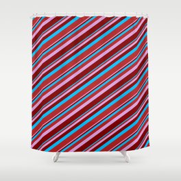[ Thumbnail: Deep Sky Blue, Red, Plum & Maroon Colored Lined/Striped Pattern Shower Curtain ]