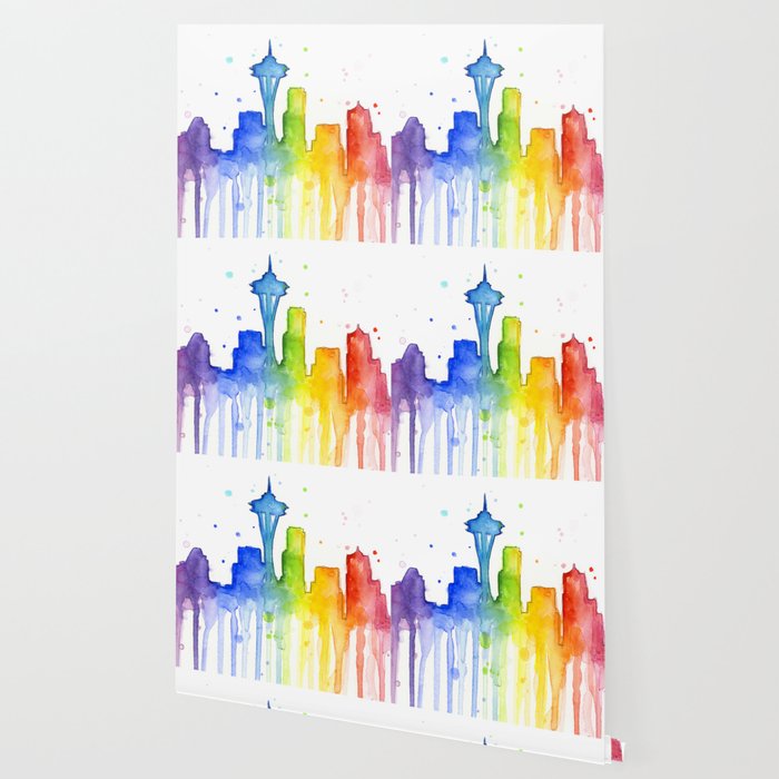 Seattle Skyline Rainbow Watercolor Wallpaper By Olechka Society6