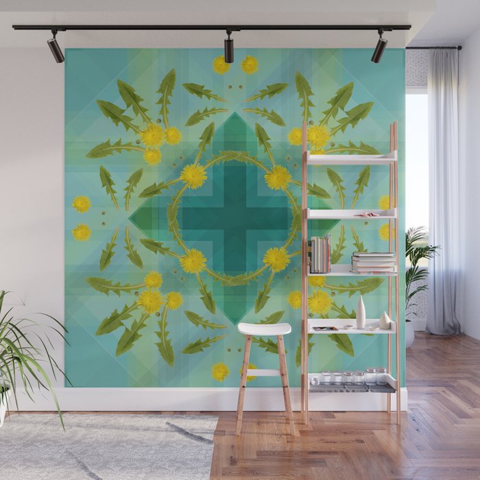 Dandelions in the sky Wall Mural | Graphic-design, Digital, Pattern, Dandelion, Taraxacum, Nature, Flower, Yellow, Turquoise, Blue