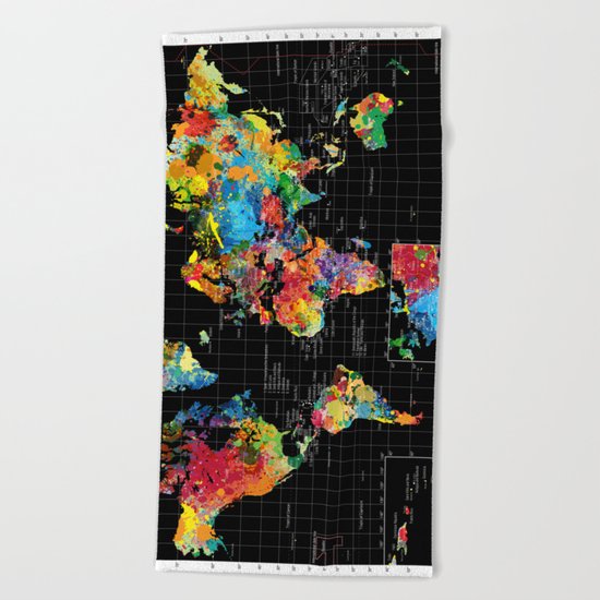 World Map Black - 1 Beach Towel