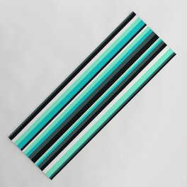 [ Thumbnail: Eyecatching Aquamarine, Dark Turquoise, Dark Slate Gray, Black, and White Colored Stripes Pattern Yoga Mat ]