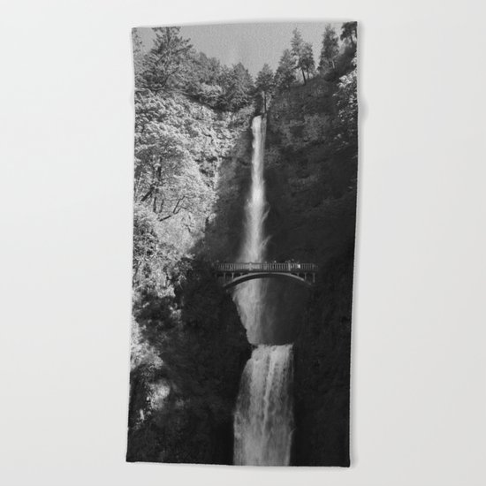 Multnomah Falls Oregon Waterfall Black and White Beach Towel