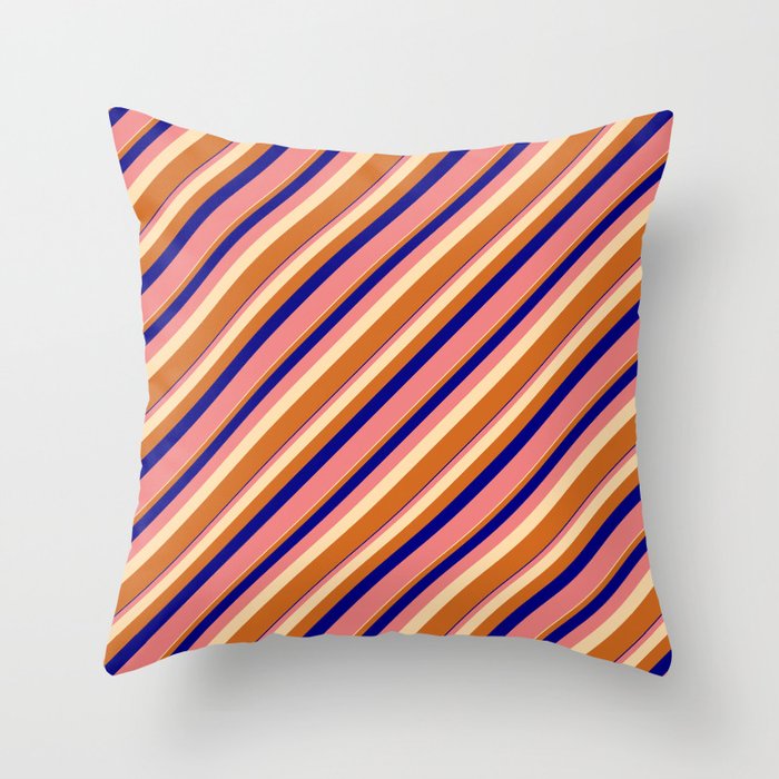 Blue, Light Coral, Tan & Chocolate Colored Lined/Striped Pattern Throw Pillow