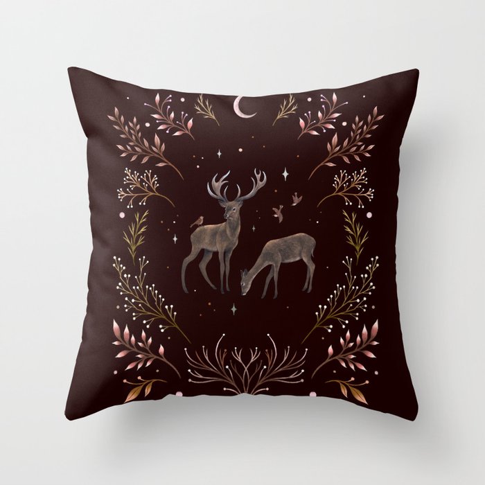 Deers in the Moonlight - Chocolate Brown Throw Pillow