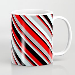 [ Thumbnail: Red, Dark Grey, Light Cyan, and Black Colored Striped Pattern Coffee Mug ]