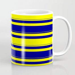 [ Thumbnail: Yellow & Blue Colored Lined/Striped Pattern Coffee Mug ]