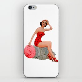 Sexy Brunette Pinup Girl in Red Skirt On The Rock iPhone Skin