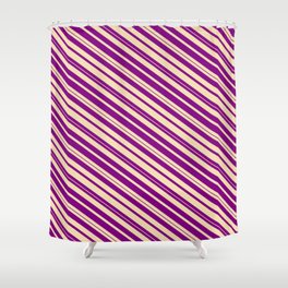 [ Thumbnail: Purple & Tan Colored Lines/Stripes Pattern Shower Curtain ]