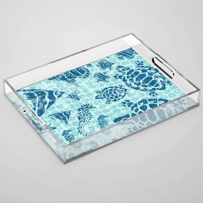 Sea Life Print with Fish Turtles and Seahorses in Ocean Blue Teal Acrylic Tray