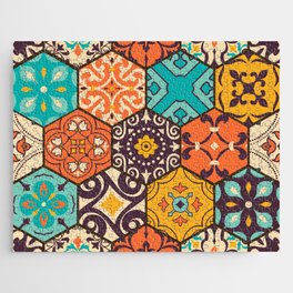 Seamless colorful patchwork tile with Islam, Arabic, Indian, Ottoman motifs. Majolica pottery tile. Portuguese and Spain decor. Azulejo. Ceramic tile in talavera style. Boho pattern Jigsaw Puzzle