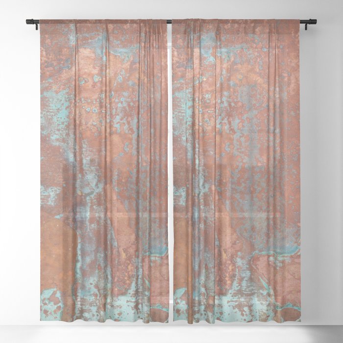 Tarnished Metal Copper Aqua Texture - Natural Marbling Industrial Art  Sheer Curtain