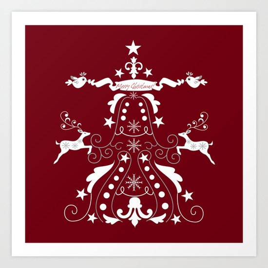 Retro damask christmas tree with text and reindeer Art Print