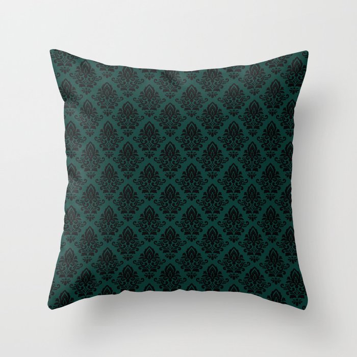 Black damask pattern Teal Throw Pillow