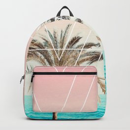 Modern tropical palm tree sunset pink blue beach photography white geometric triangles Backpack