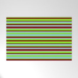 [ Thumbnail: Sky Blue, Green & Dark Red Colored Lined Pattern Welcome Mat ]