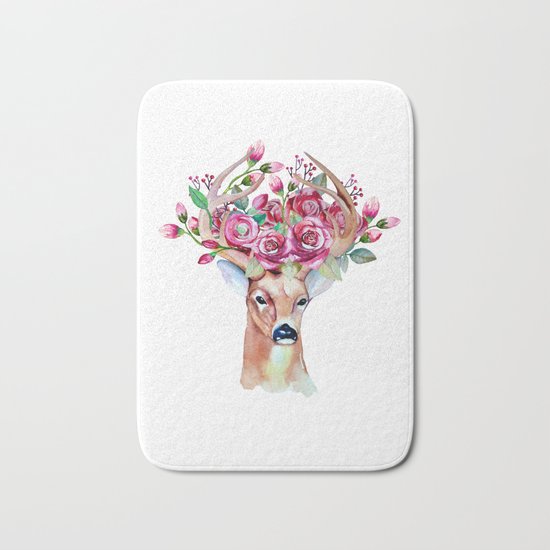 Shy watercolor floral deer Bath Mat