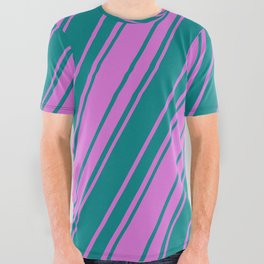 [ Thumbnail: Orchid and Teal Colored Stripes/Lines Pattern All Over Graphic Tee ]