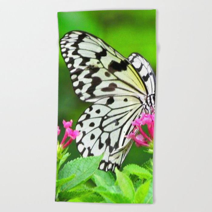 Butterfly and Pink Flowers Beach Towel