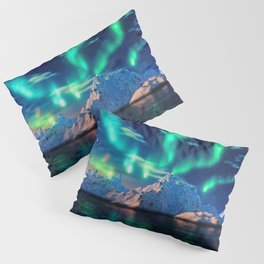 Northern Lights On Snowy Mountains | Aurora Borealis | Night Sky | Winter | Scenic | Nature Photography Art Pillow Sham