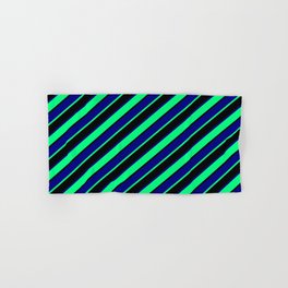 [ Thumbnail: Blue, Green & Black Colored Striped/Lined Pattern Hand & Bath Towel ]