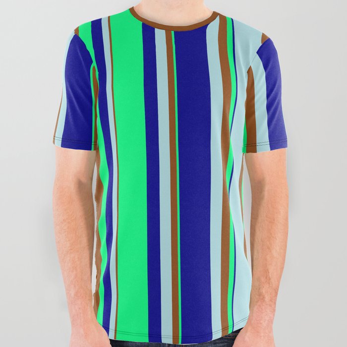 Dark Blue, Green, Brown, and Powder Blue Colored Lines/Stripes Pattern All Over Graphic Tee
