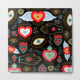 Milagro Love Hearts - Black Metal Print | Heart, Day Of The Dead, Drawing, Phrases, Mexican, Graffiti, Sacred Heart, Evil Eye, Symbols, Careycopeland 