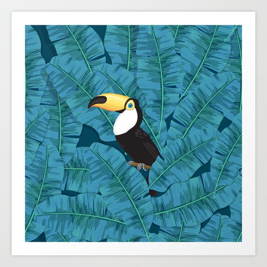 Toucan and banana leaves in blue Art Print