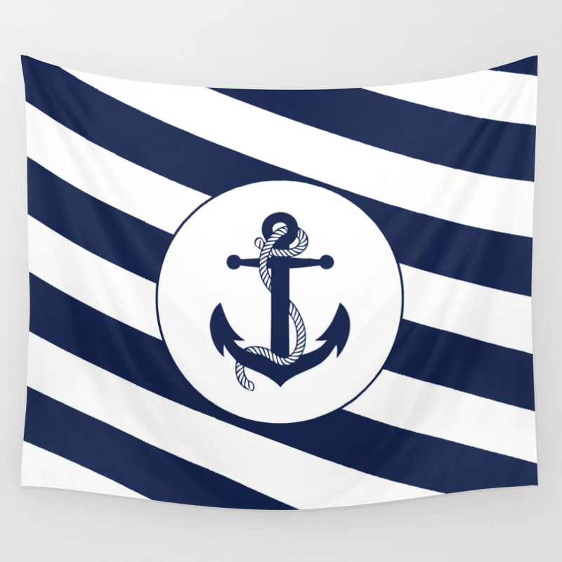 Nautical Anchor Navy Blue u0026 White Stripes Beach Wall Tapestry by  invitation_republic