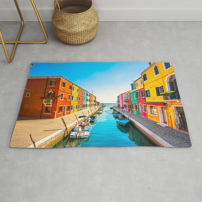 Burano water canal colorful houses and boats, Venice Rug