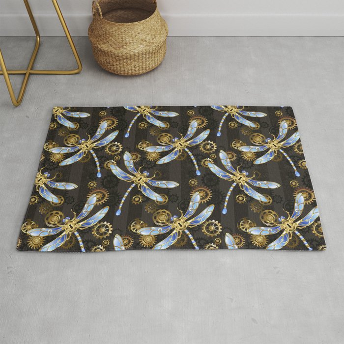 Steampunk Seamless with Mechanical Dragonflies Rug