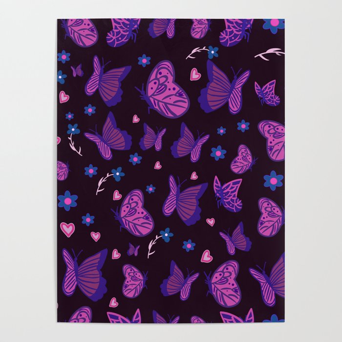 Purple Black butterfly pattern  Poster