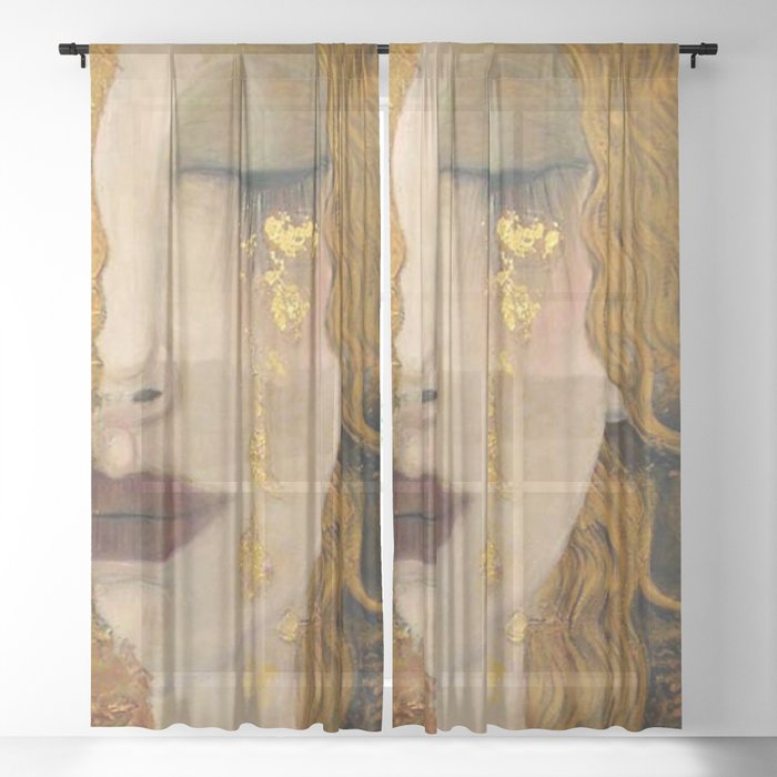 Golden Tears (Freya's Heartache) portrait painting by Gustav Klimt Sheer Curtain