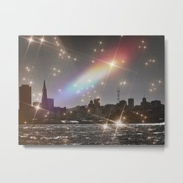 Rainbow Pixie Dusted SF Skyline with Pink Triangle for Pride Metal Print