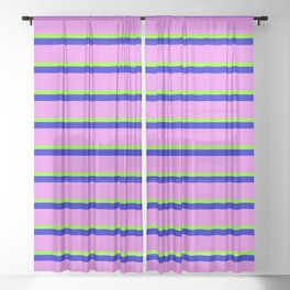 [ Thumbnail: Green, Blue, and Violet Colored Lined Pattern Sheer Curtain ]