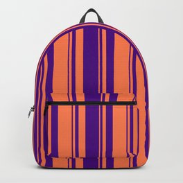 [ Thumbnail: Indigo and Coral Colored Lined Pattern Backpack ]