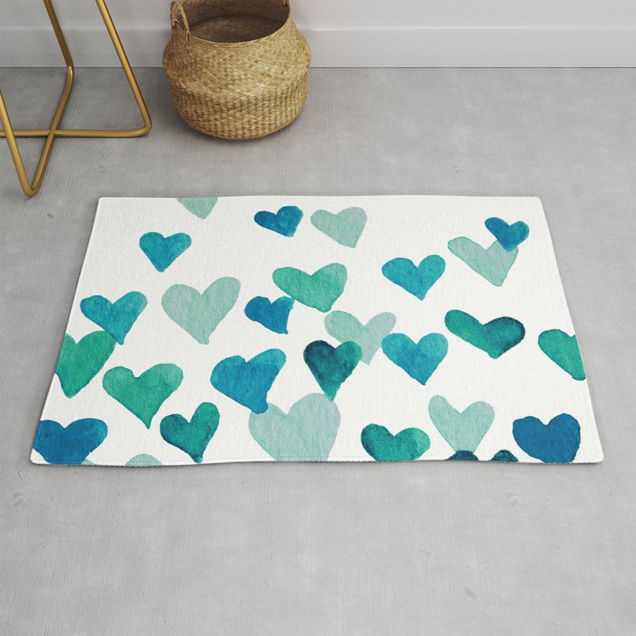 Valentine's Day Watercolor Hearts - turquoise Rug