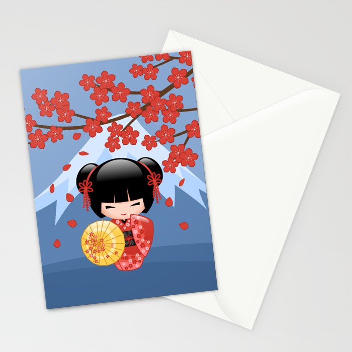 Japanese Red Sakura Kokeshi Doll On Blue Stationery Cards By