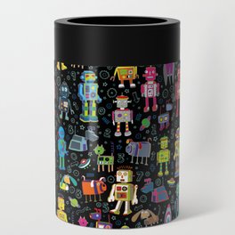Robots in Space - on black Can Cooler