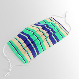 [ Thumbnail: Tan, Dark Blue & Green Colored Stripes/Lines Pattern Face Mask ]